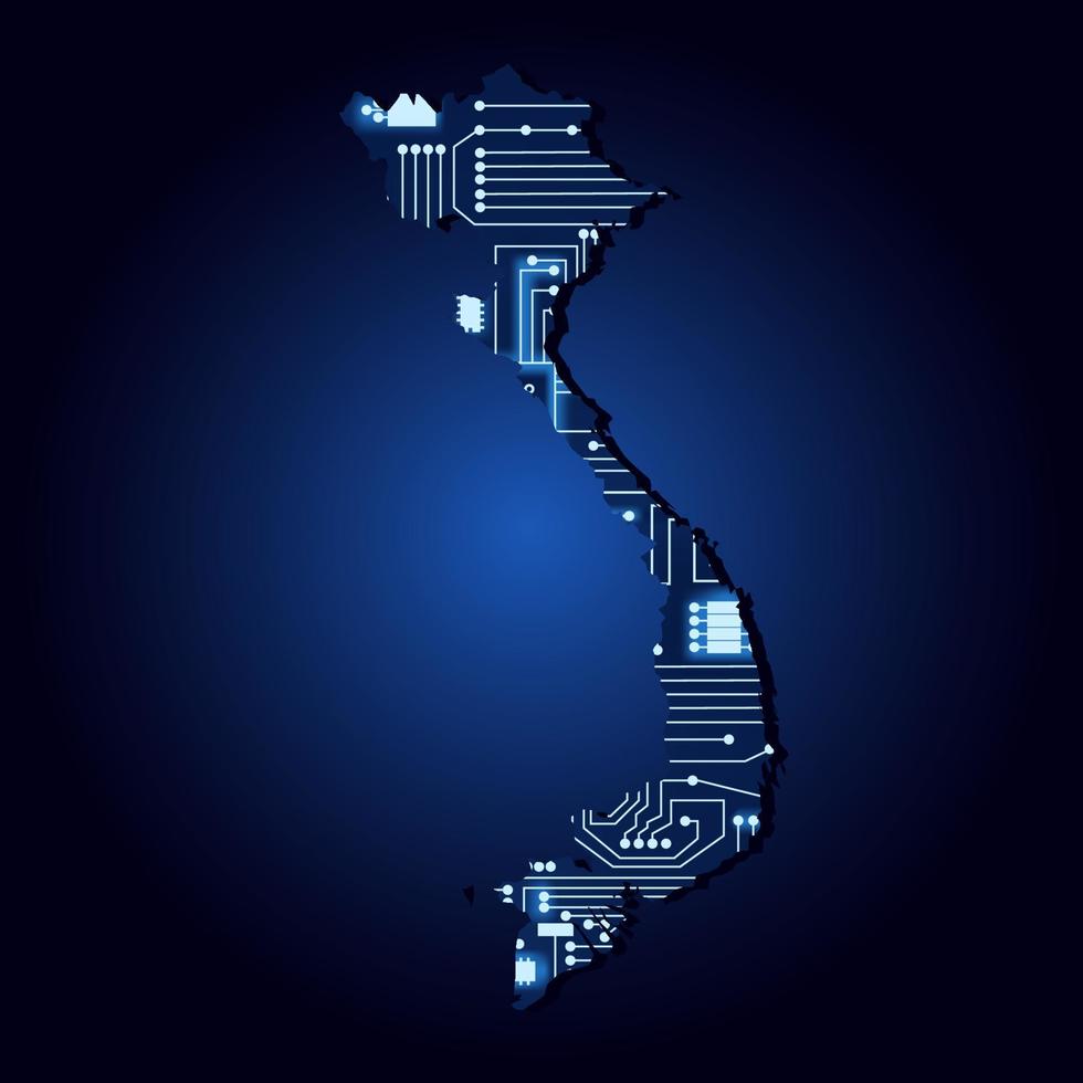 mapa de contorno de vietnam con un circuito de electrónica tecnológica. vector