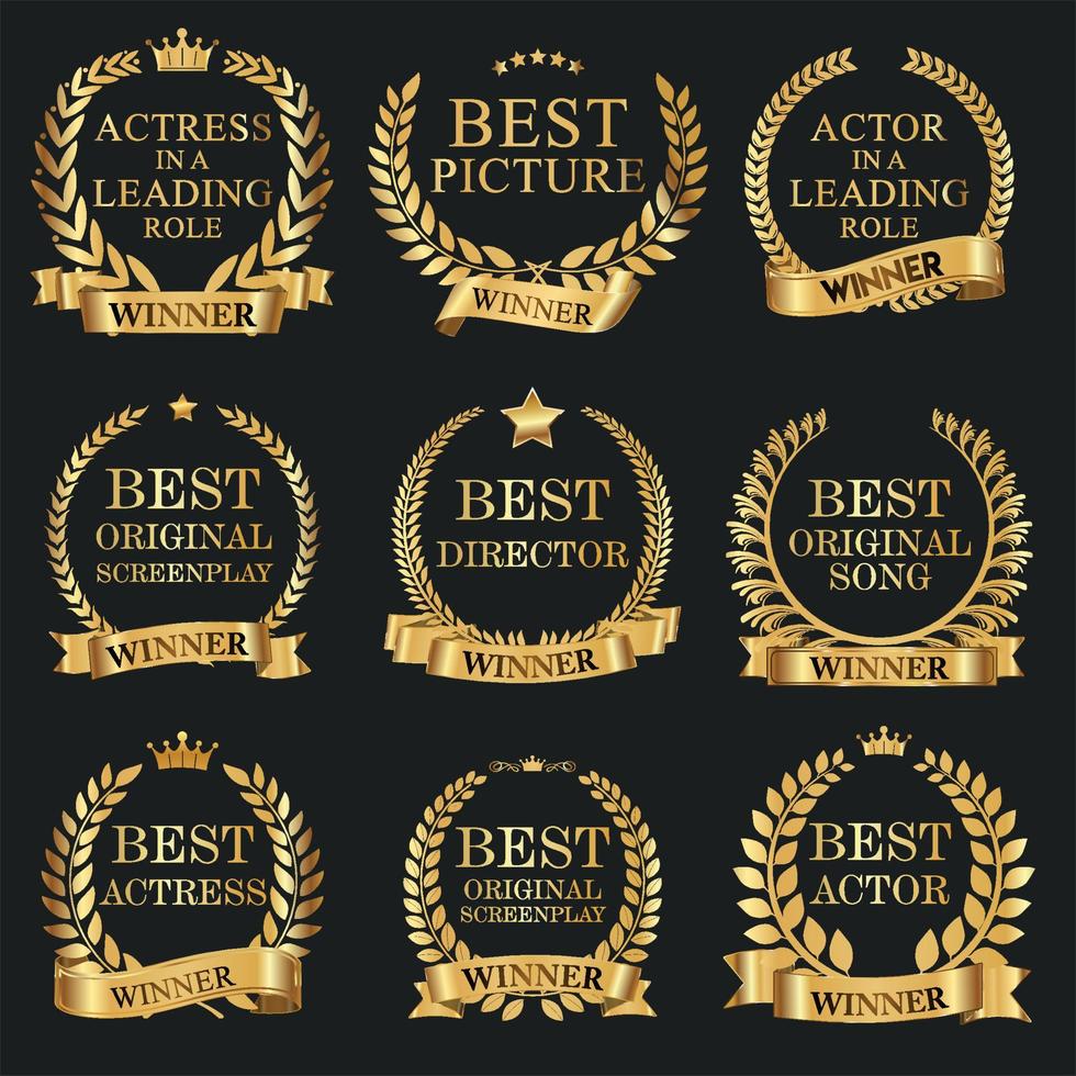 Collection of golden label with laurel wreath film award luxury template design vector