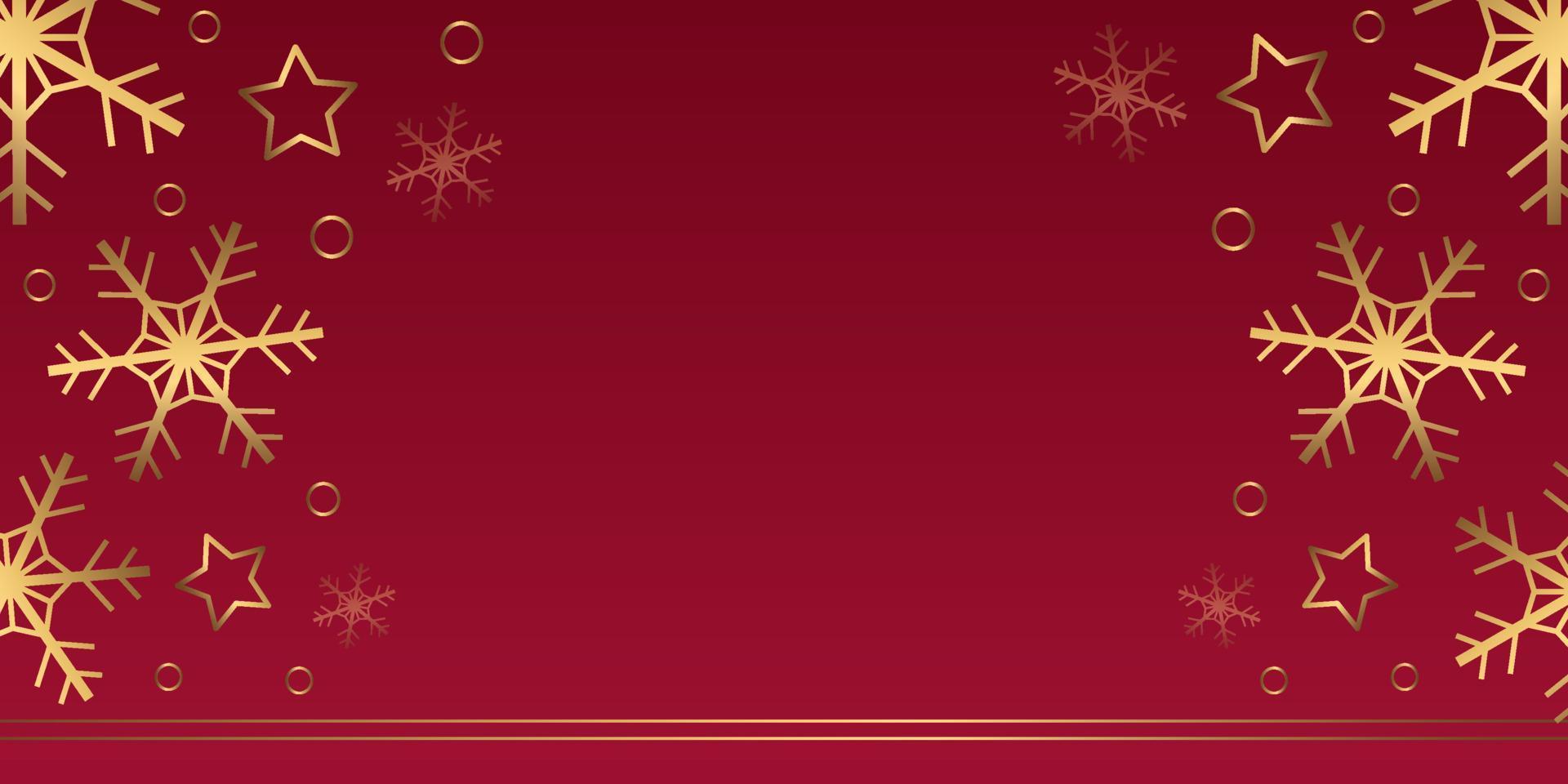 Vector winter banner with gold snowflakes, stars, rings on red background. Horizontal backdrop with copyspace.