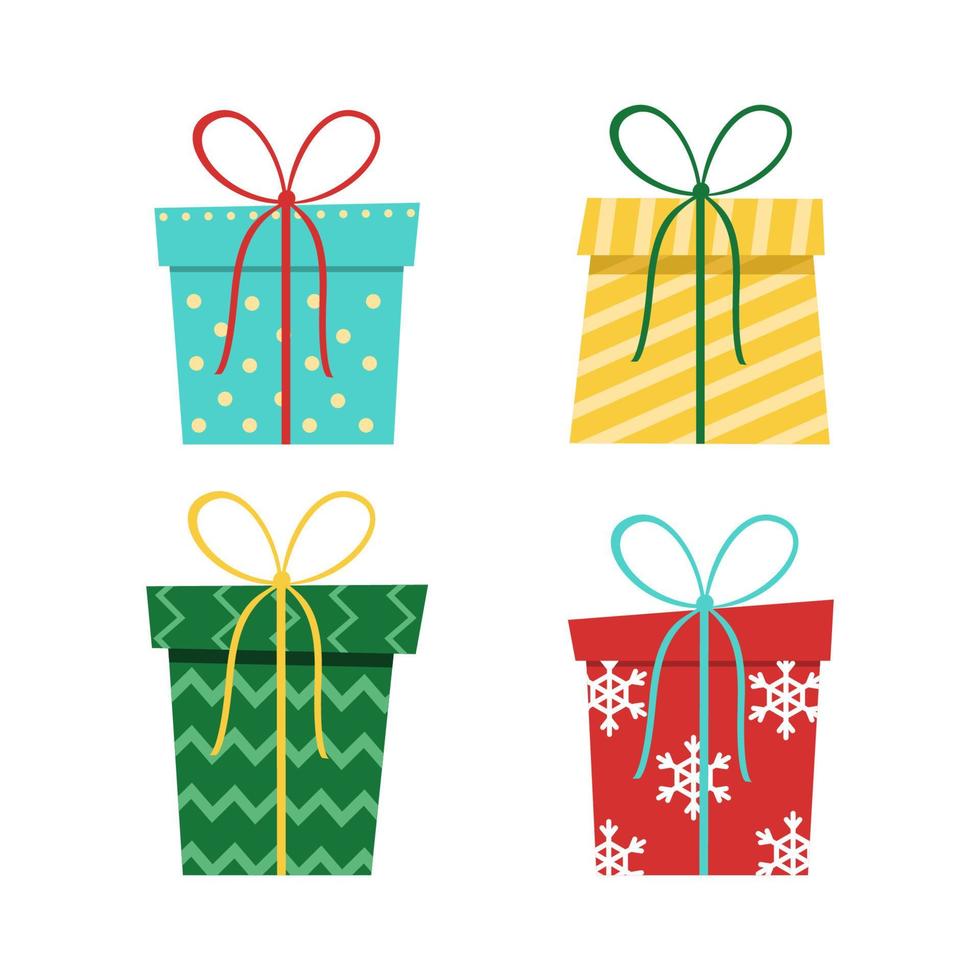 Giftboxes vector set in flat style. Different present packaging with colorful wrapper.