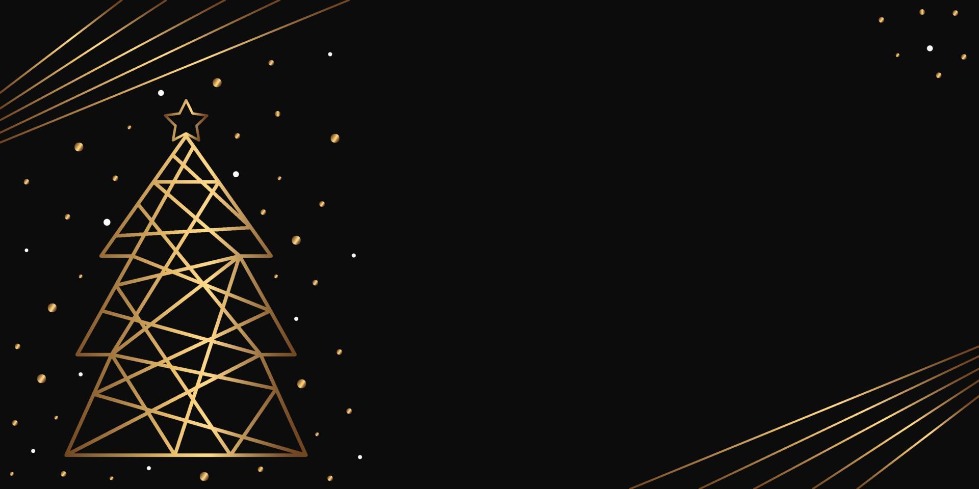 Vector winter banner with gold snowflakes, stars, rings on black background. Horizontal backdrop with copyspace.