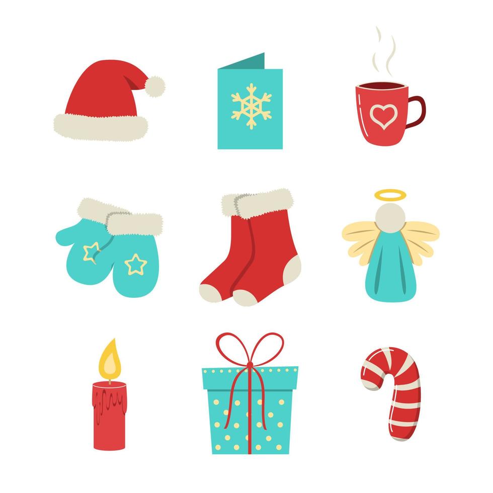 Christmas and New Year vector elements set. Winter accessories for holidays decoration.