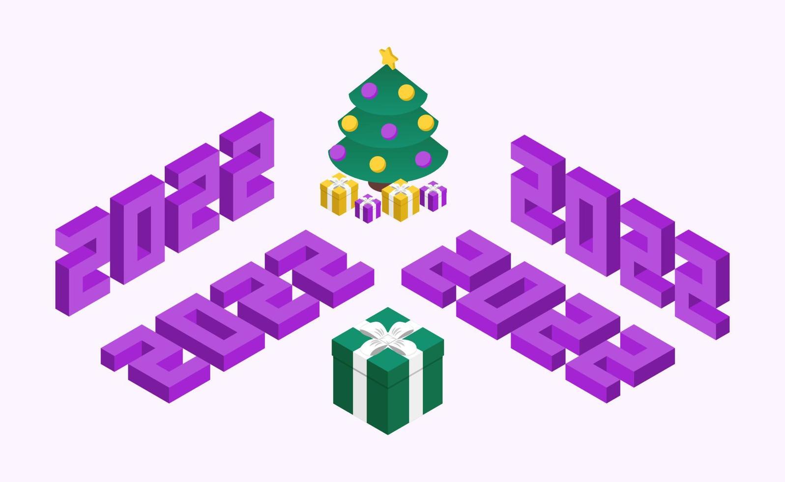 2022 isometry numbers with Christmas tree and gifts. New Year composition in purple and green style. Four variations of isometry numbers. vector