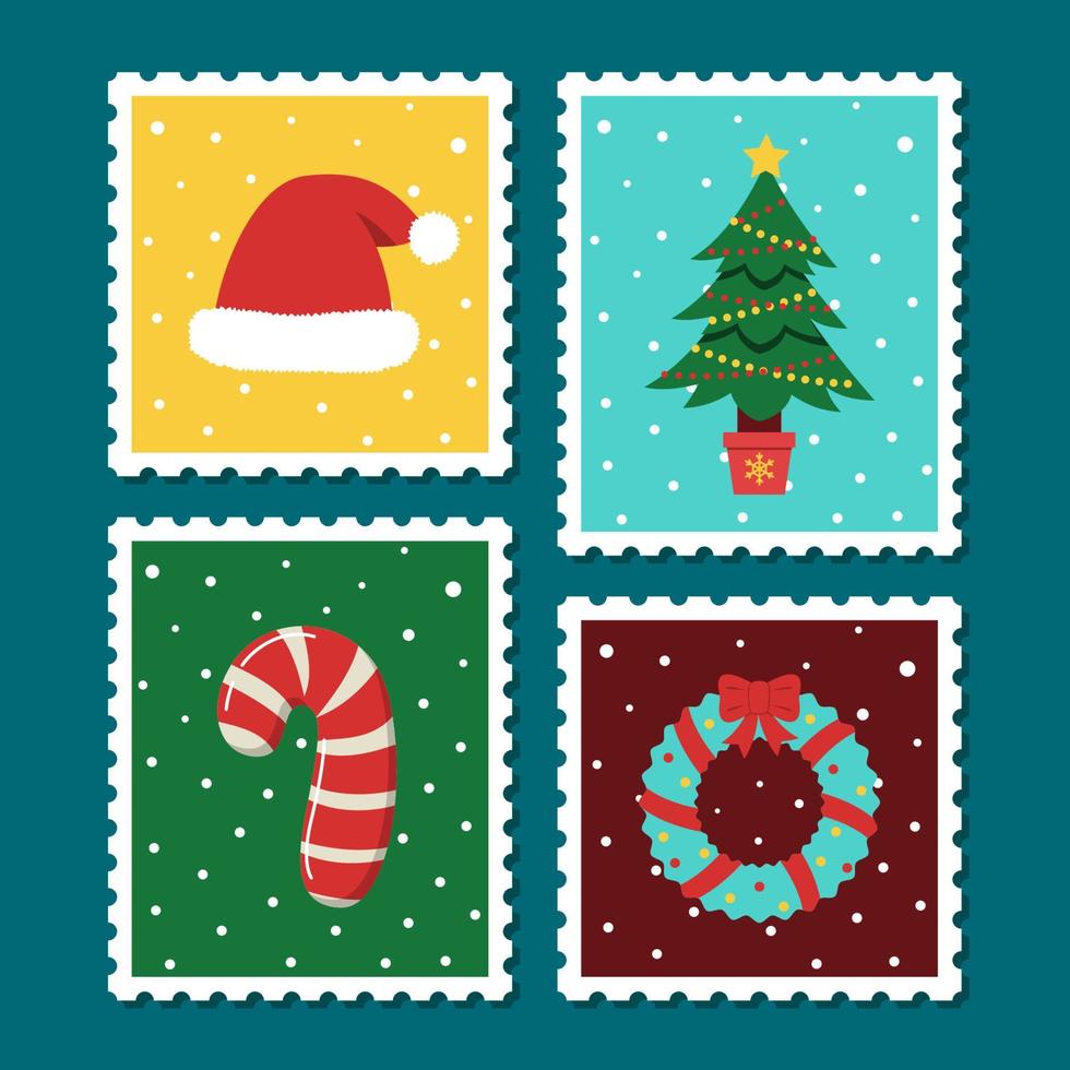 Christmas postage stamp set. Vector cartoon illustration in postmark template. Winter theme collection. Christmas tree, hat, wreath, candy cane