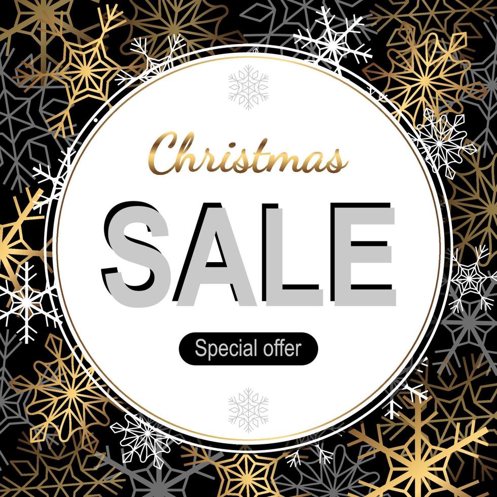 Vector Christmas Sale banner. Isolated golden and white snowflakes arranged in a circle. Gold collection for winter ads.