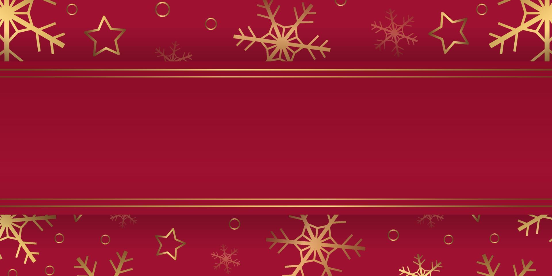 Vector winter banner with gold snowflakes, stars, rings on red background. Horizontal backdrop with copyspace.