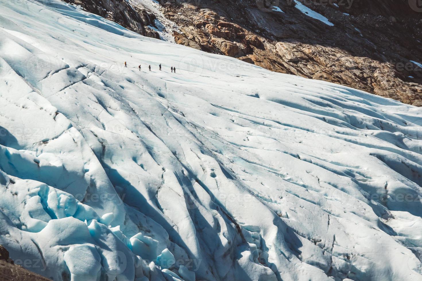 Beautiful scenery on the mountains and the glacier Svartisen landscape in Norway scandinavian nature landmarks ecology concept. Blue snow and ice photo