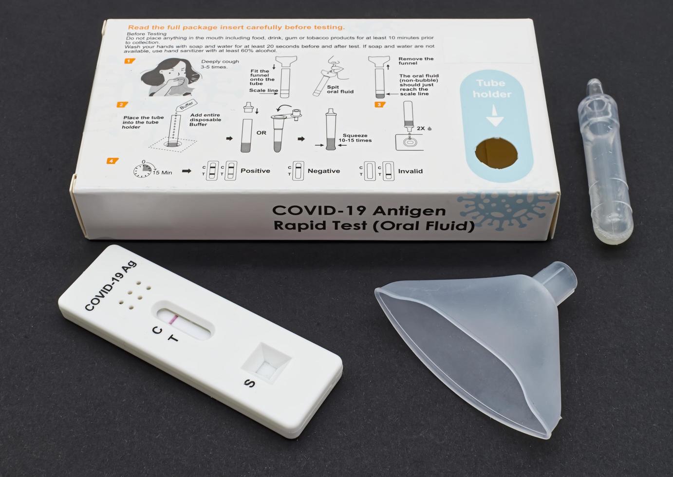 Bologna, Italy, 2021, Covid19 Antigen Rapid Test Oral Fluid or saliva Kit. Home single use, negative test result. Black background. photo