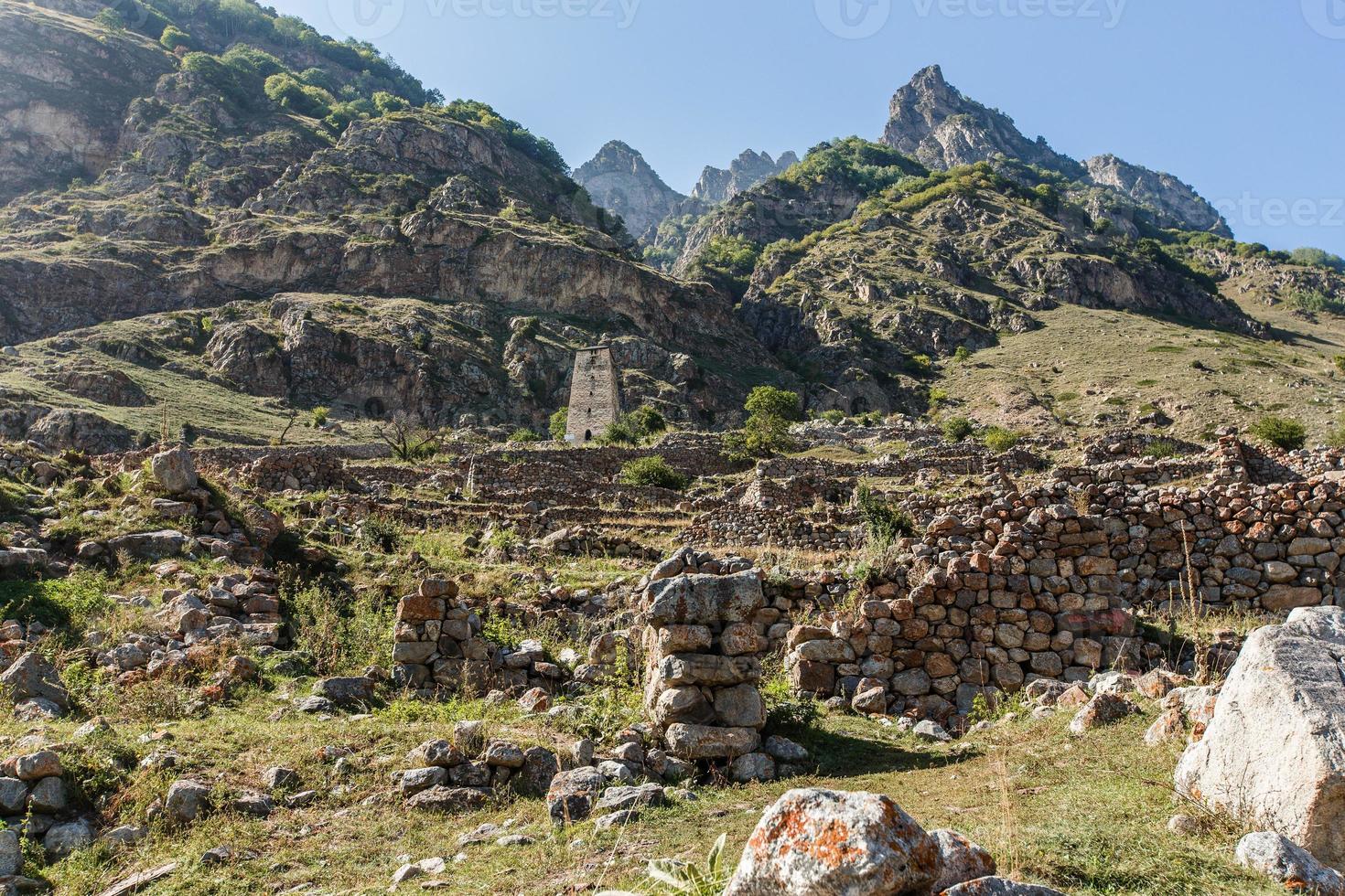 Ancestral tower. The village Upper Balkaria in the Caucasus mountains in Kabardino-Balkaria, Russia photo