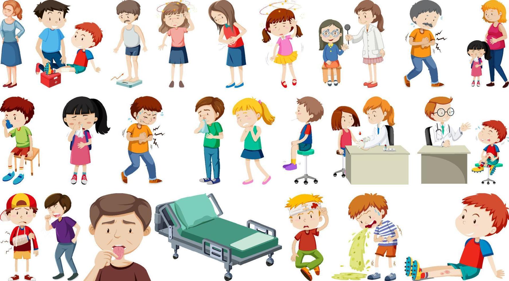 Set of sick people with different symptoms vector