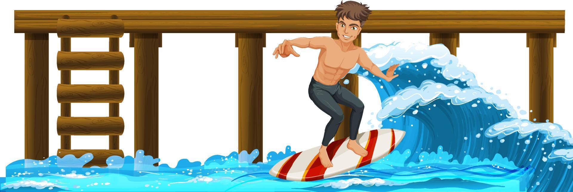 muelle de madera con un hombre en tabla de surf vector