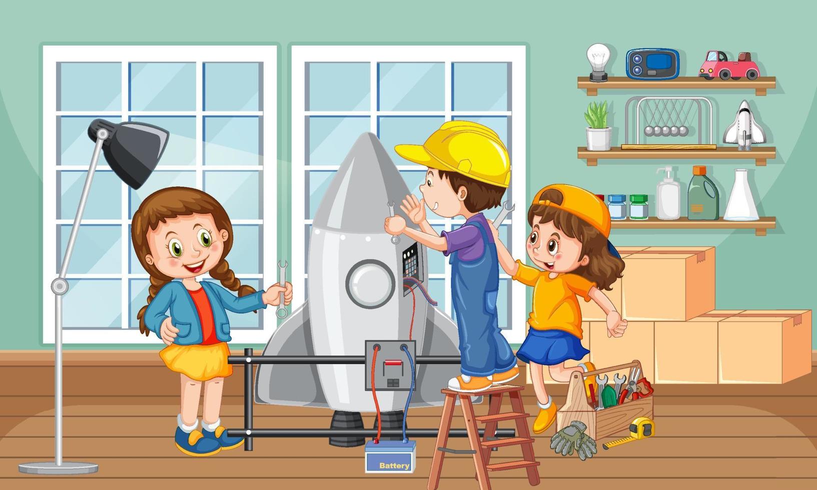 Children fixing a rocket toy together in the room scene vector