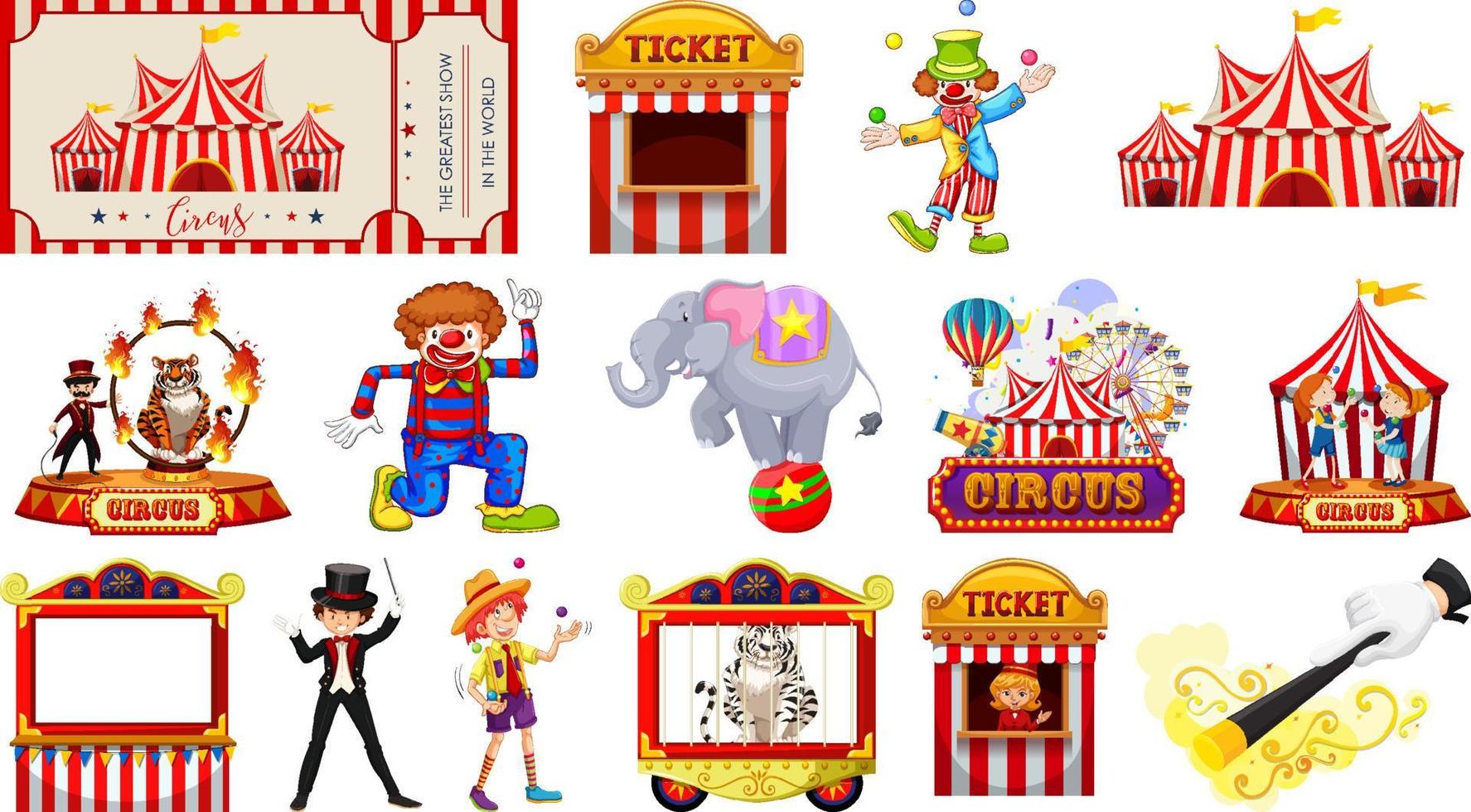 conjunto de personajes de circo y elementos del parque de atracciones. vector