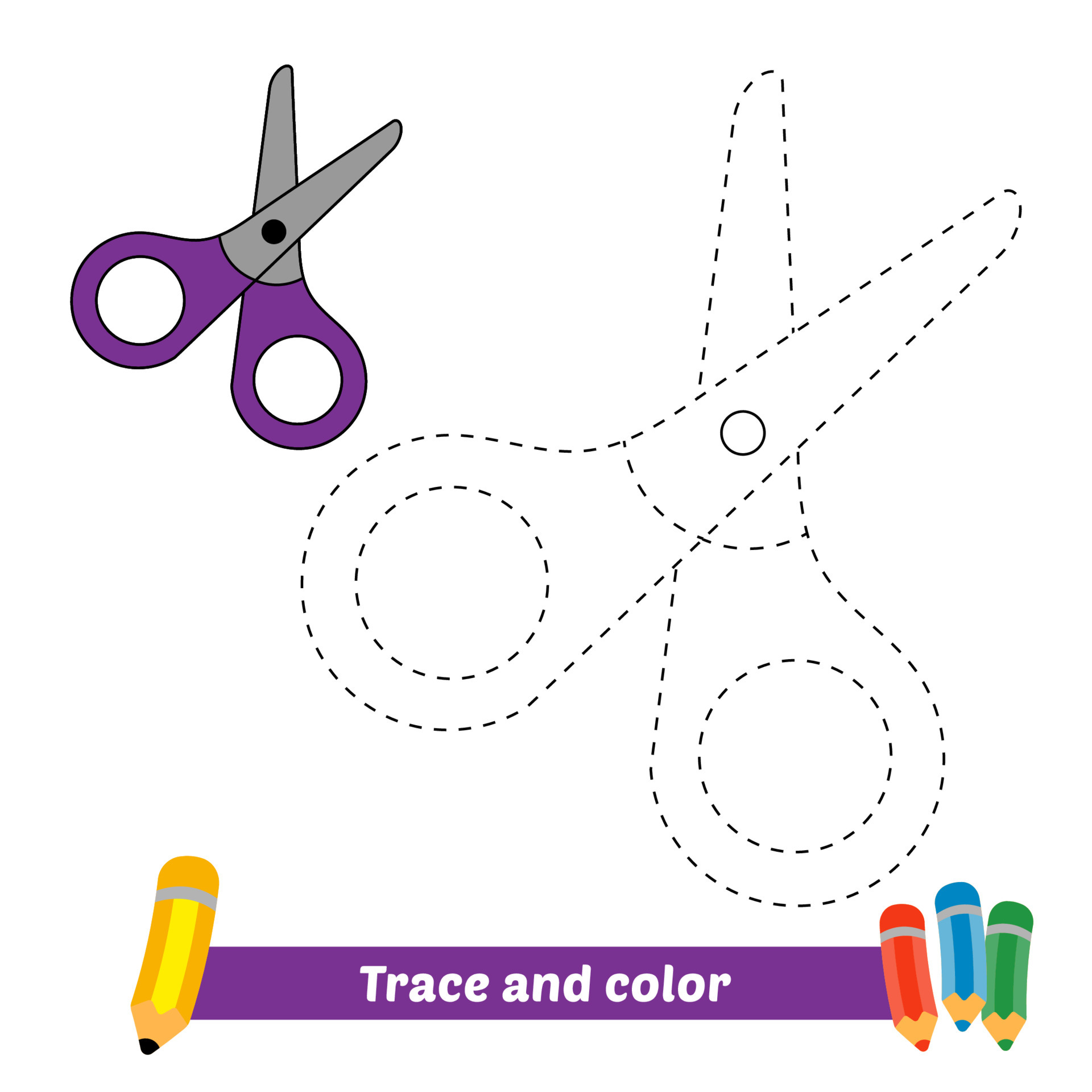 Trace and color for kids, scissors vector 5053971 Vector Art at Vecteezy