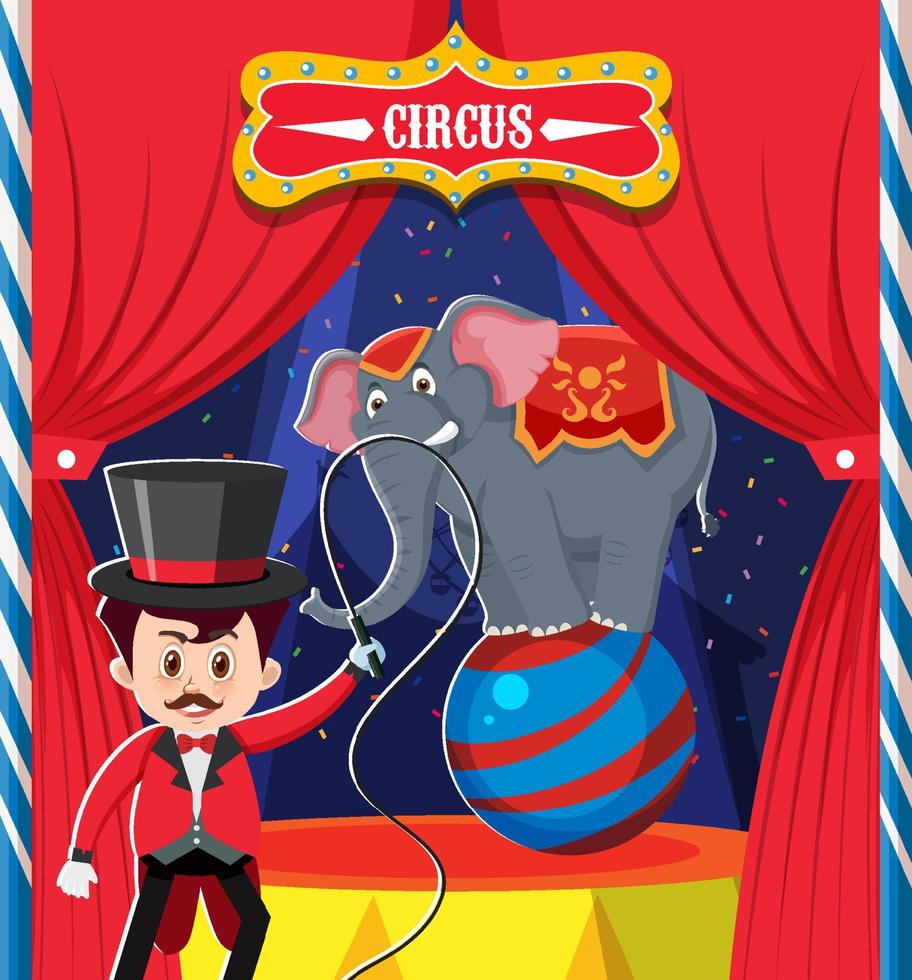 Magician boy with elephant performance standing on ball vector