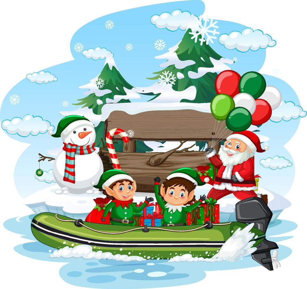 Santa Claus and elves delivering gifts by boat vector