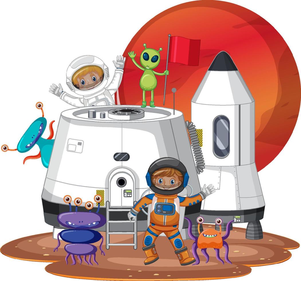 Astronauts on planet surface with colony buildings vector