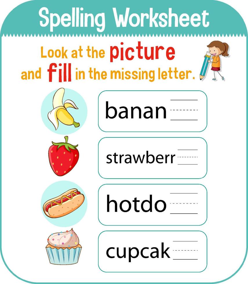 Spelling worksheet template for kids vector