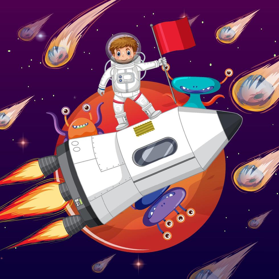 Outer space scene with astonaut standing on spaceship vector