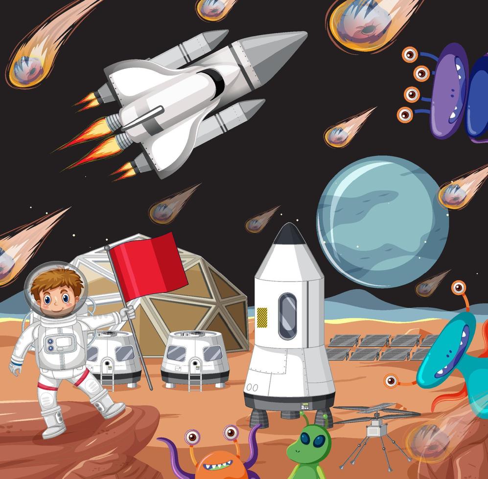 Outer space scene with astonaut and alien in cartoon style vector