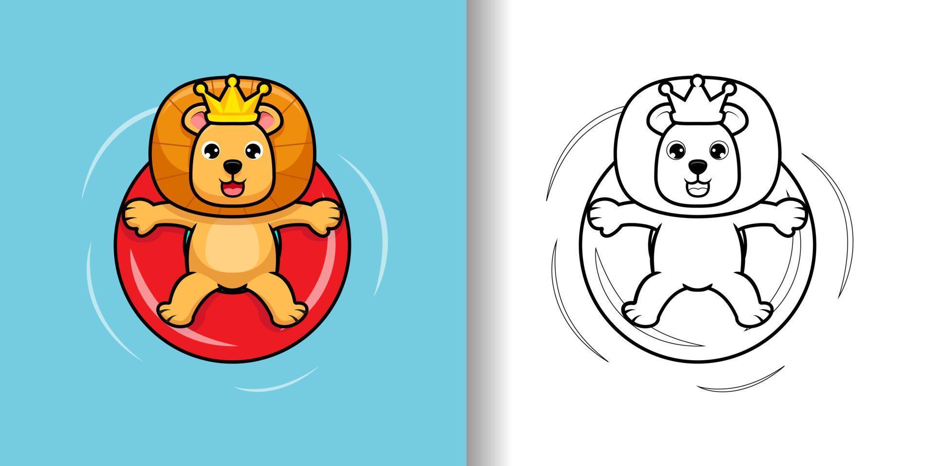 Design of Lion king swimming on the pool for coloring page. cute lion character vector