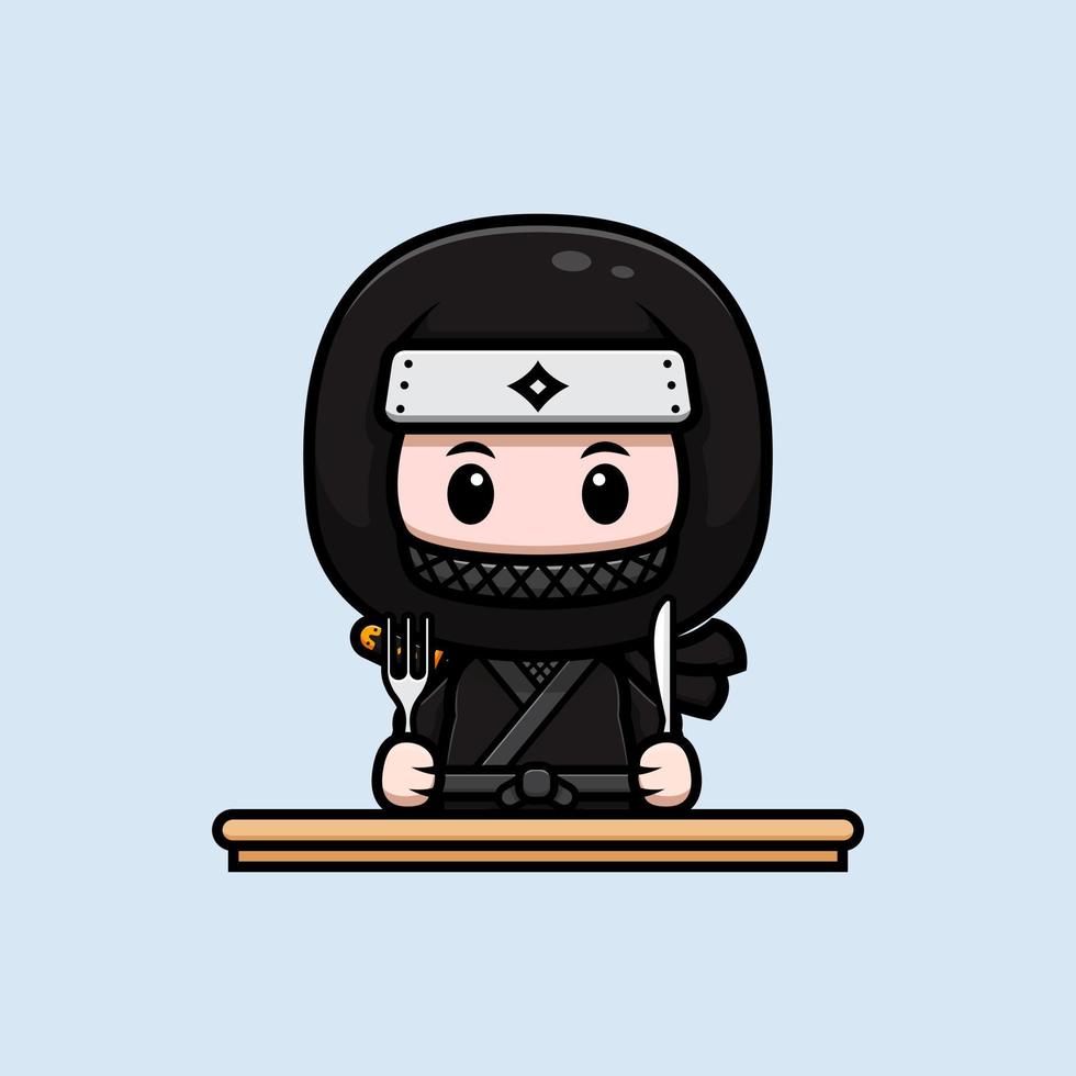 Lindo icono de dibujos animados de mascota ninja. Ilustración de personaje de mascota kawaii para pegatina, póster, animación, libro para niños u otro producto digital e impreso vector