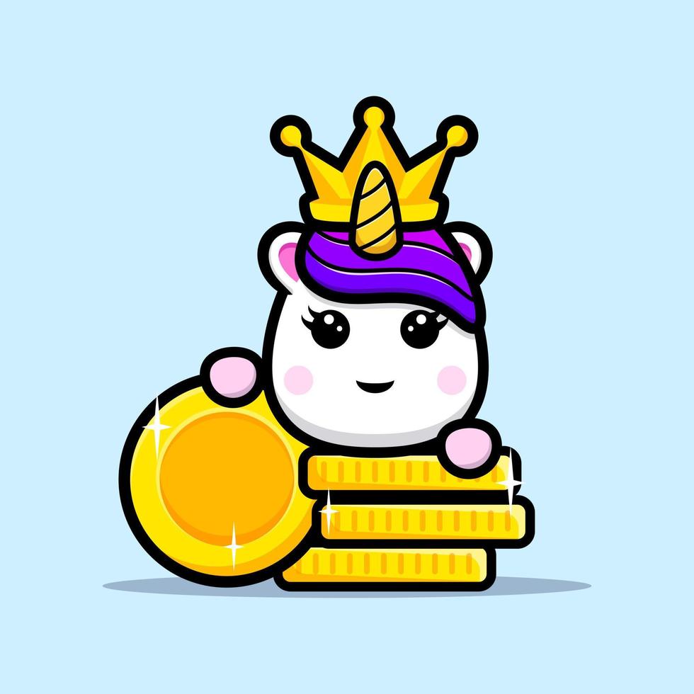 Cute unicorn king with gold coin mascot design vector