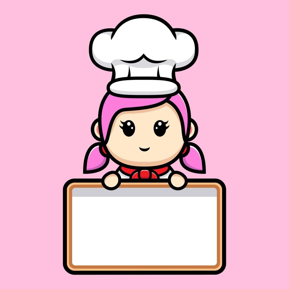 Linda chica chef con diseño de mascota de tablero de texto en blanco vector