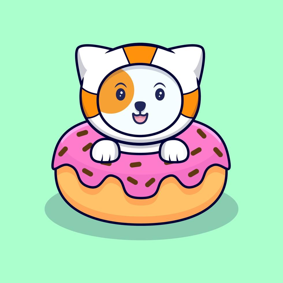 Lindo gato astronauta dentro de donas ilustración de icono de vector de dibujos animados. estilo de dibujos animados plana