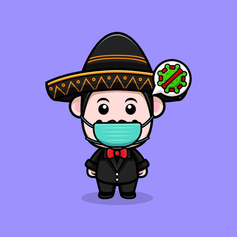 Lindo icono de dibujos animados de la mascota de mariachi mexicano. Ilustración de personaje de mascota kawaii para pegatina, póster, animación, libro para niños u otro producto digital e impreso vector