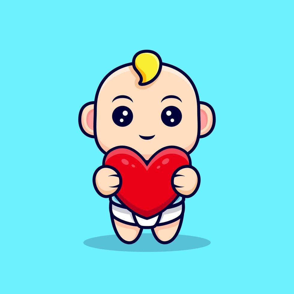 Cute Baby Hug A Big Heart. Flat Icon Character Illustration vector