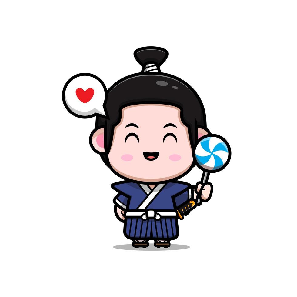 Lindo icono de dibujos animados de mascota de niño samurai. Ilustración de personaje de mascota kawaii para pegatina, póster, animación, libro para niños u otro producto digital e impreso vector