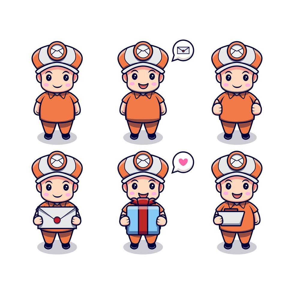 Cute Postman with Different Expressions Set Cartoon Vector Icon Illustration. Flat Cartoon Style Suitable for Story Book, Flyer, Sticker, Card