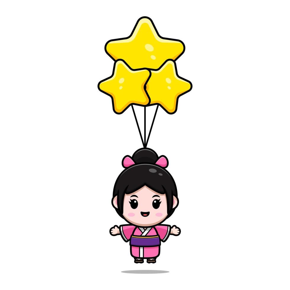 Linda chica con icono de dibujos animados de mascota de kimono. Ilustración de personaje de mascota kawaii para pegatina, póster, animación, libro para niños u otro producto digital e impreso vector