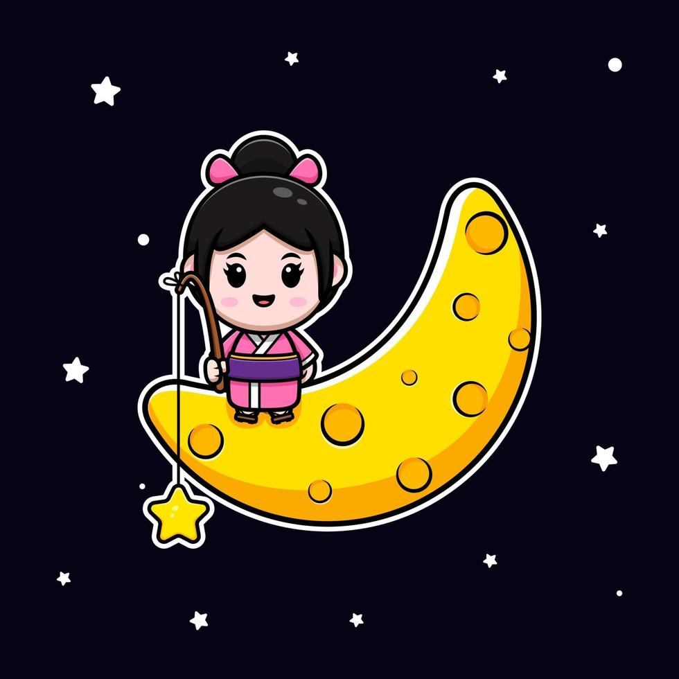 Linda chica con icono de dibujos animados de mascota de kimono. Ilustración de personaje de mascota kawaii para pegatina, póster, animación, libro para niños u otro producto digital e impreso vector