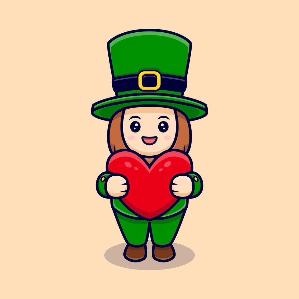 lindo duende con personaje de dibujos animados de corazón rojo para el día de san patricio vector