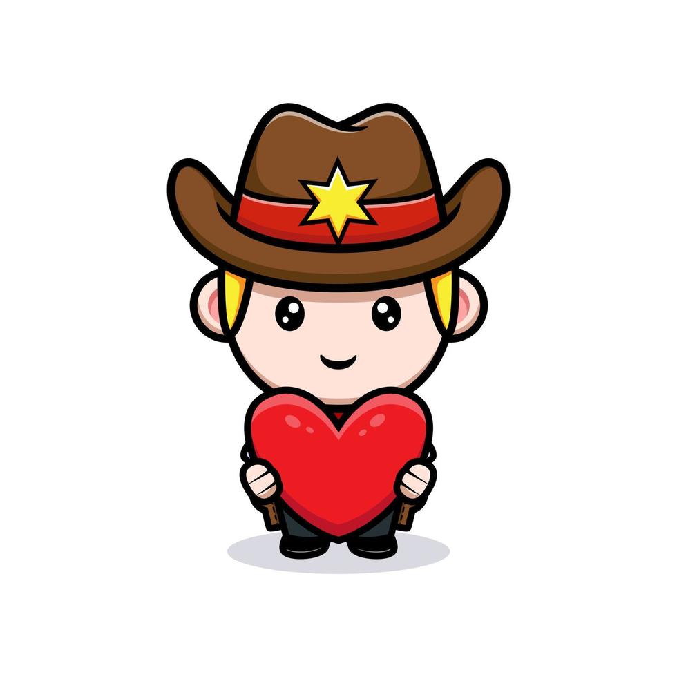 cute little cowboy holding heart mascot illustration vector