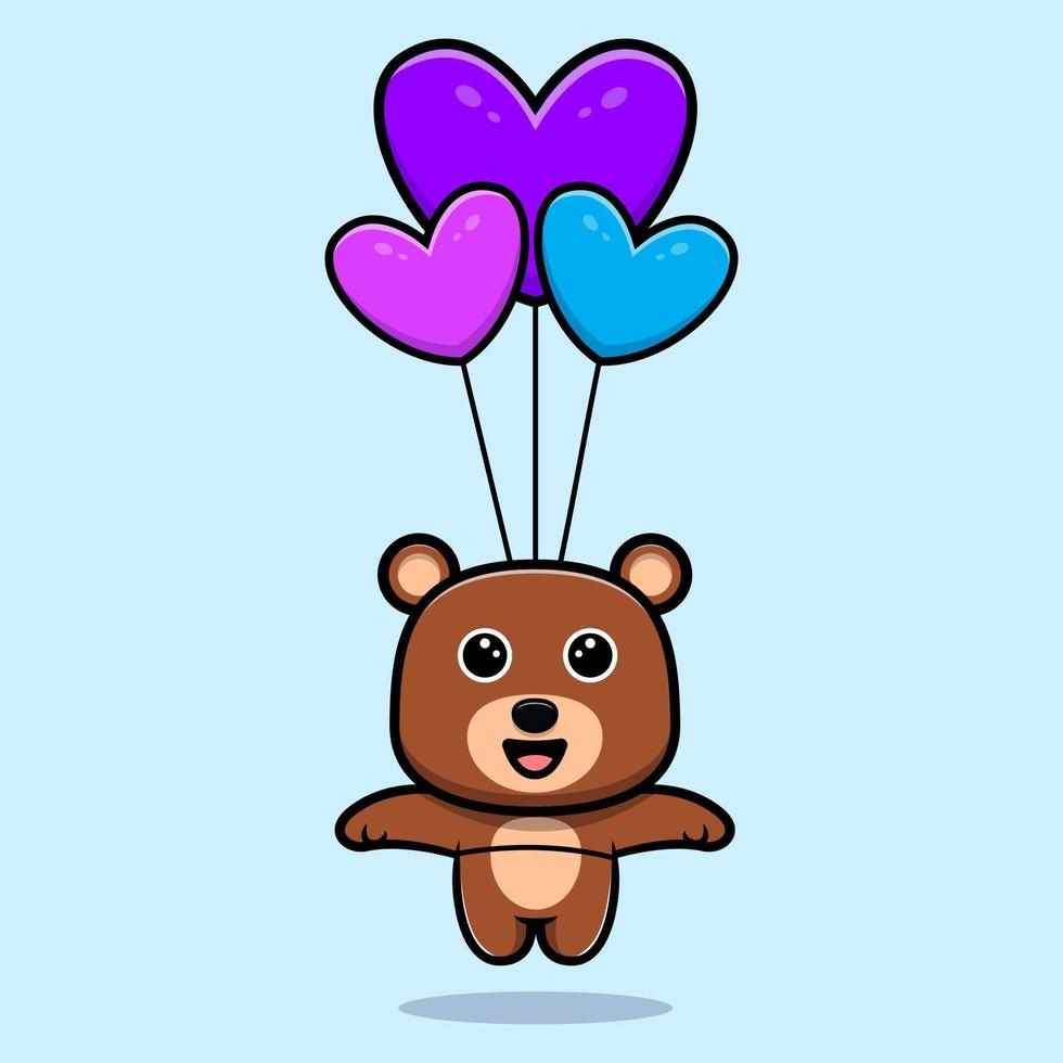 lindo oso flotando con personaje de dibujos animados de globo de corazón vector