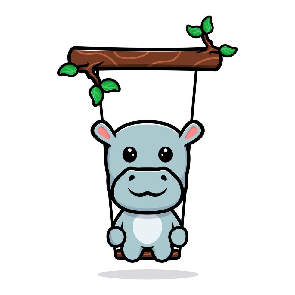 Cute hippo swinging on tree mascot design vector