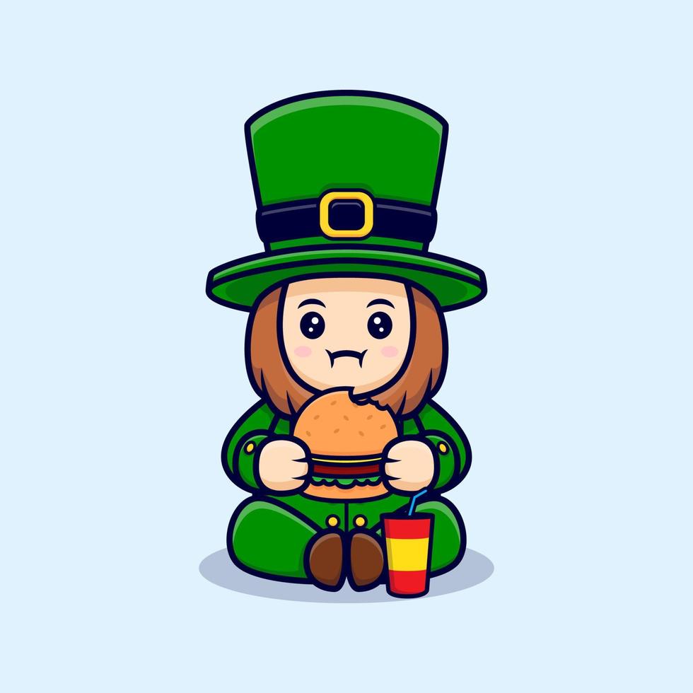 Cute Leprechaun Eating Burger Cartoon Character  For Saint Patrick's  Day vector