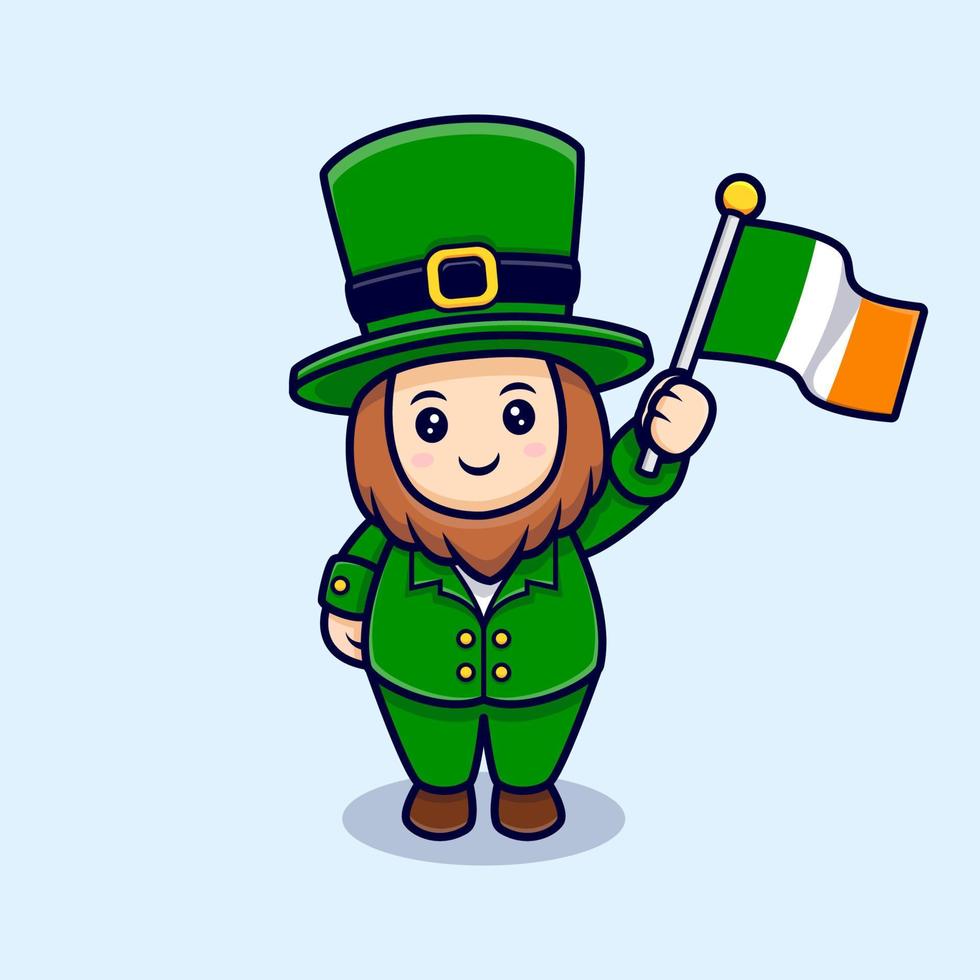 Cute Leprechaun Waving Flag Cartoon Character  For Saint Patrick's  Day vector
