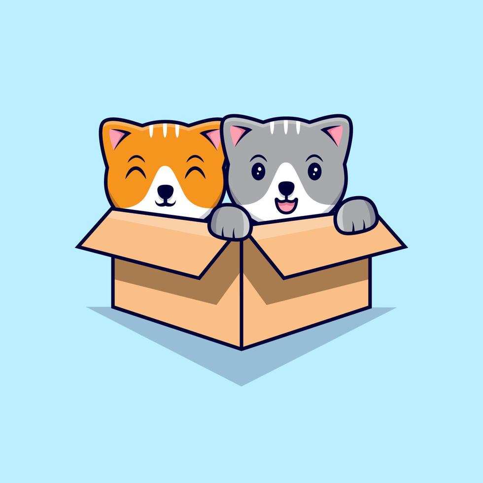 Lindo gato jugando en la ilustración de icono de vector de dibujos animados de caja de cartón. estilo de dibujos animados plana