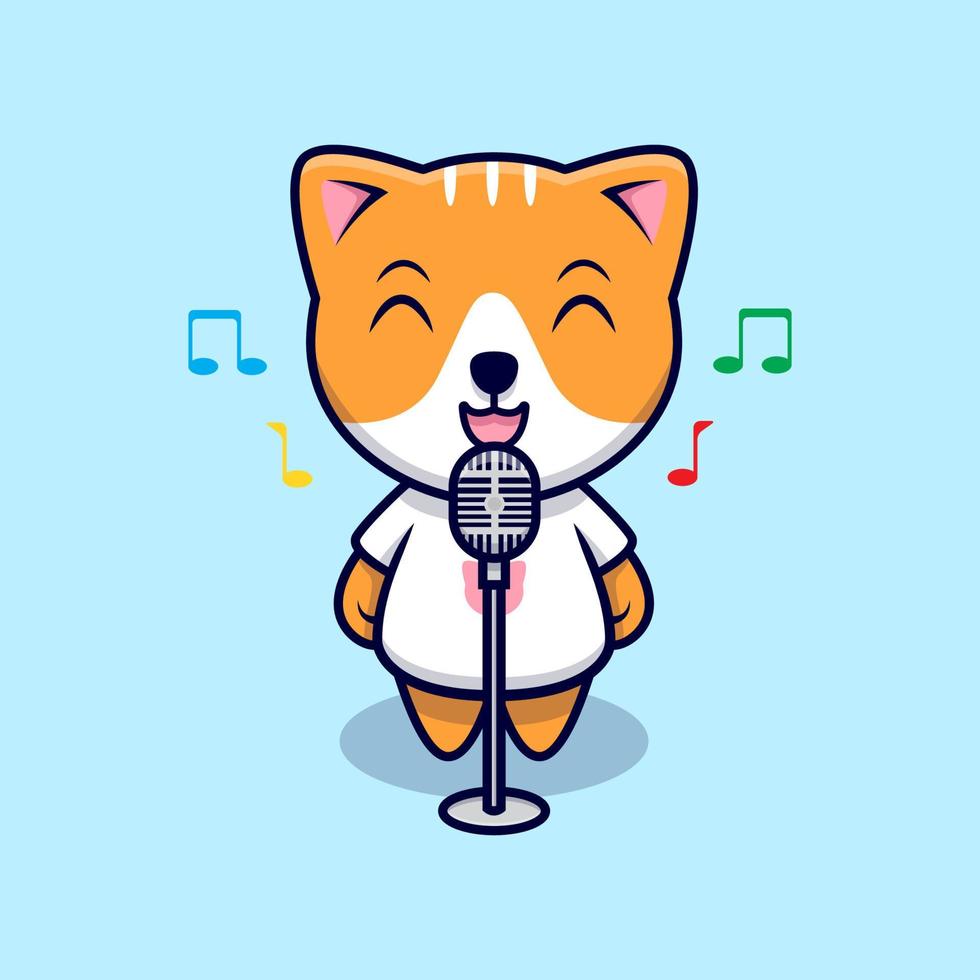 Ilustración de icono de vector de dibujos animados lindo gato cantando. estilo de dibujos animados plana