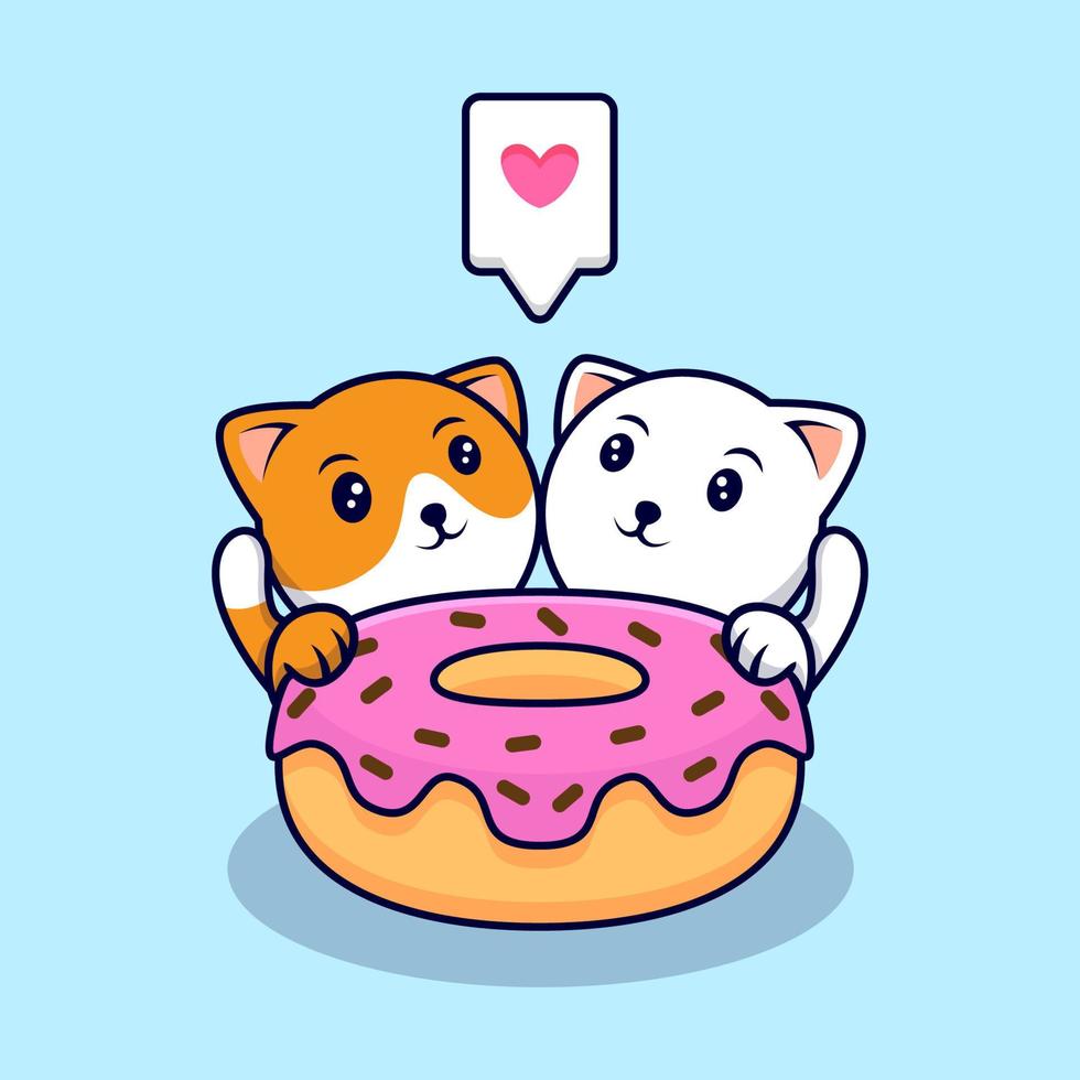 Cute Cat Couple Eating Donuts Cartoon Vector Icon Illustration. Flat Cartoon Style