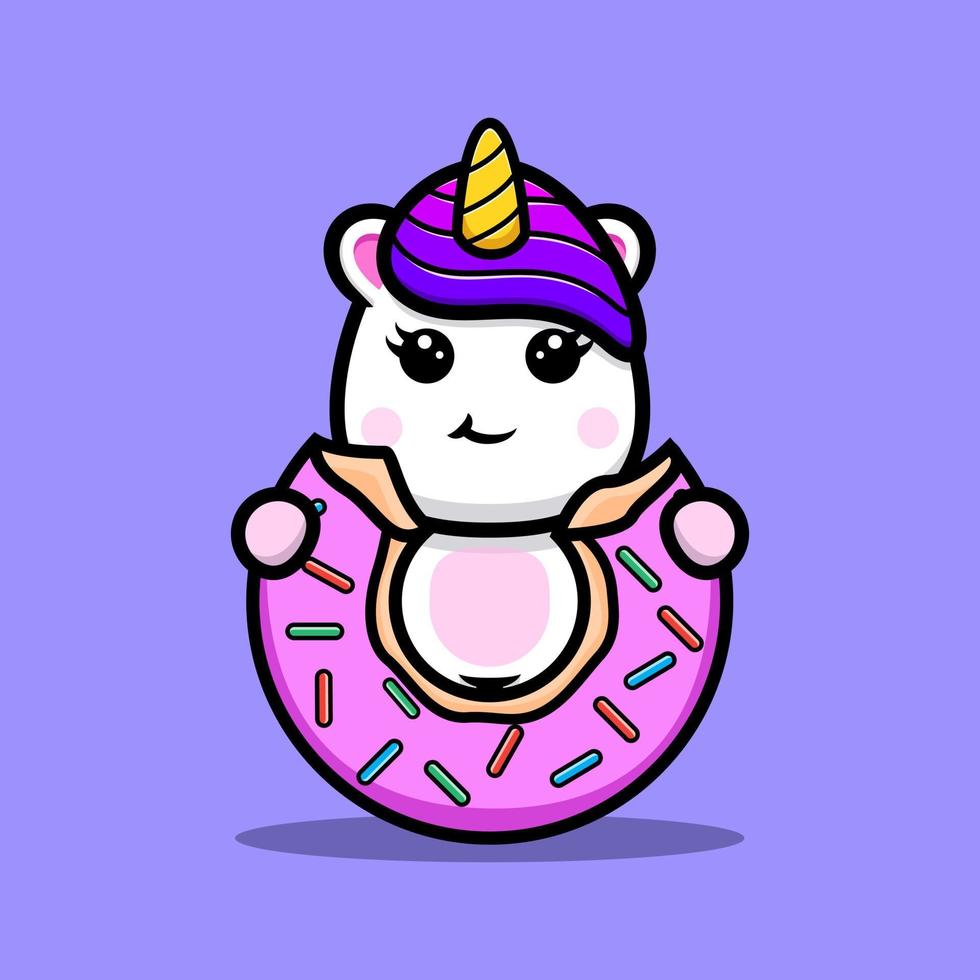 lindo unicornio comiendo diseño de mascota donut vector