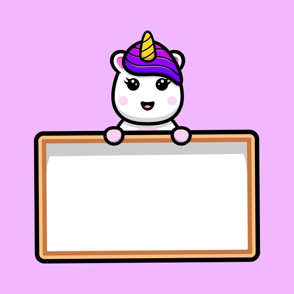 Cute unicorn holding white blank text board mascot design vector