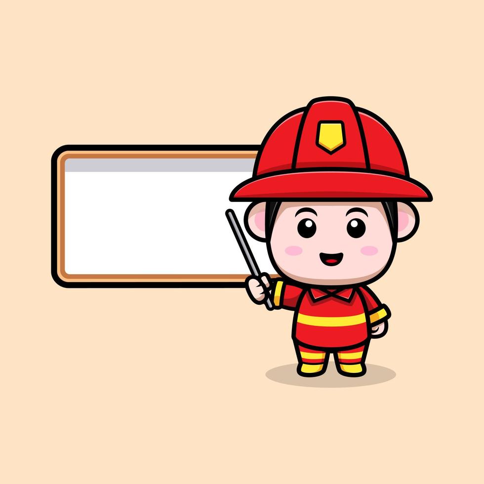 Lindo icono de dibujos animados de mascota de bombero. Ilustración de personaje de mascota kawaii para pegatina, póster, animación, libro para niños u otro producto digital e impreso vector