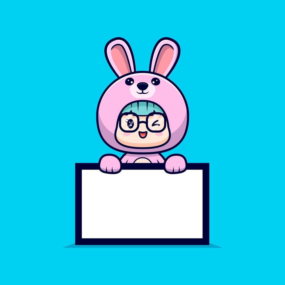 Cute girl wearing bunny costume holding white blank text board vector