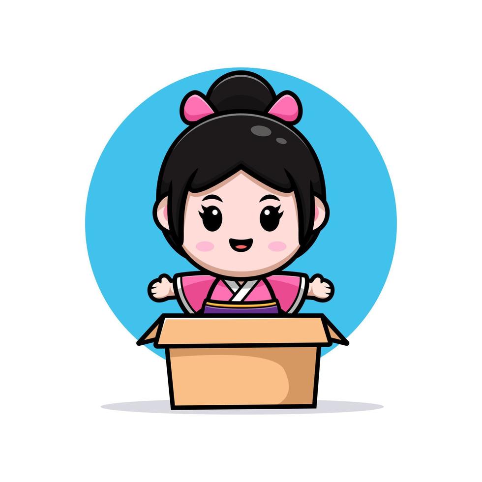 Linda chica con icono de dibujos animados de mascota de kimono. Ilustración de personaje de mascota kawaii para pegatina, póster, animación, libro para niños u otro producto digital e impreso vector