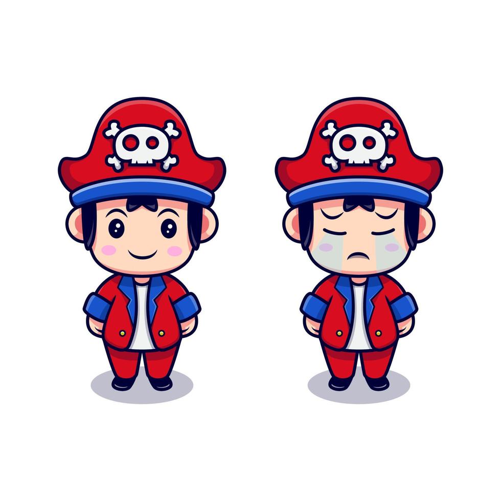 Cute Pirate Boy with Different Expressions Set Cartoon Vector Icon Illustration. Flat Cartoon Style Suitable for Story Book, Flyer, Sticker, Card